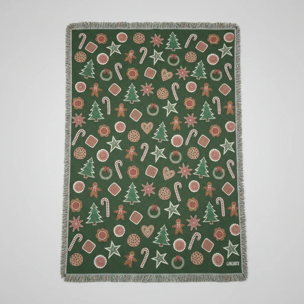 Christmas Cookies Blanket - woven throw with green background and cookie illustrations