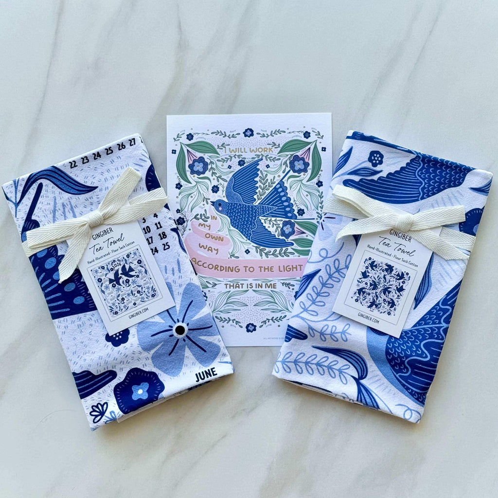 gift bundle - bluebird tea towel, bluebird tea towel calendar, 5x7 bluebird art print