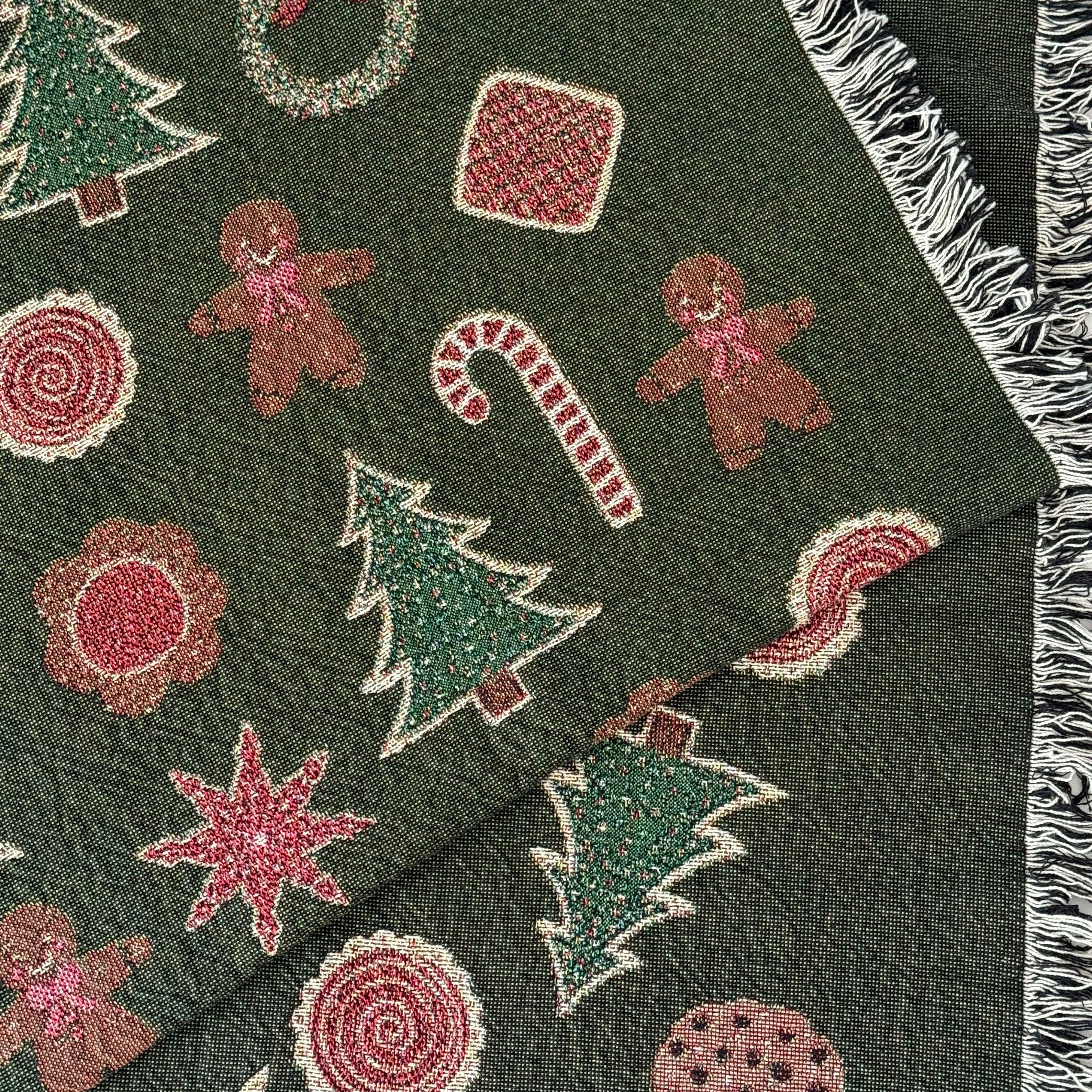 Christmas Cookies Blanket - woven throw with green background and cookie illustrations