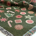 Christmas Cookies Blanket - woven throw with green background and cookie illustrations