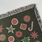 Christmas Cookies Blanket - woven throw with green background and cookie illustrations