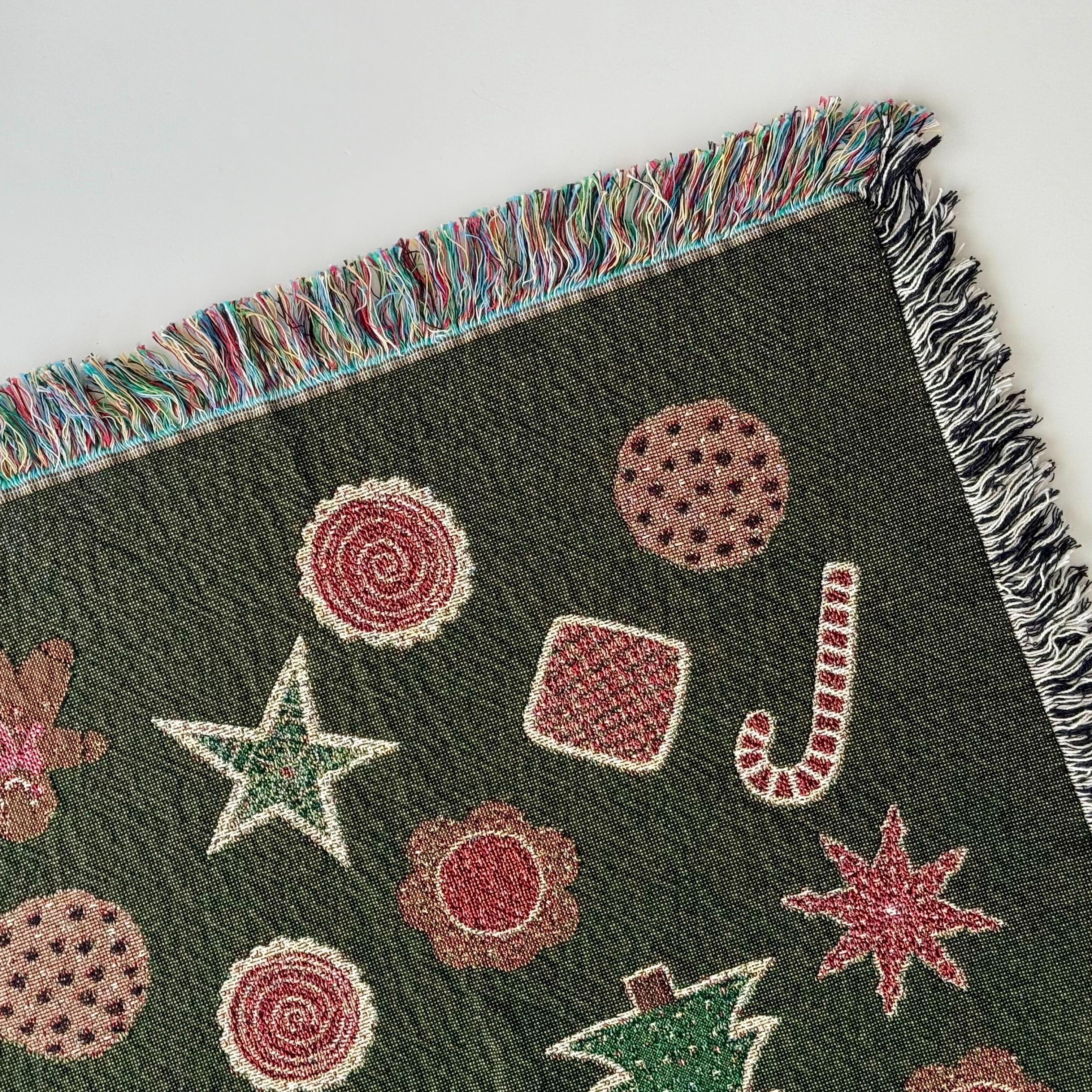 Christmas Cookies Blanket - woven throw with green background and cookie illustrations