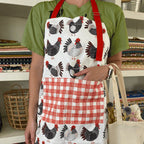 Chicken Apron—bake in style with gingiber apron featuring chicken print, adjustable neck strap, large pocket, 100% cotton canvasx