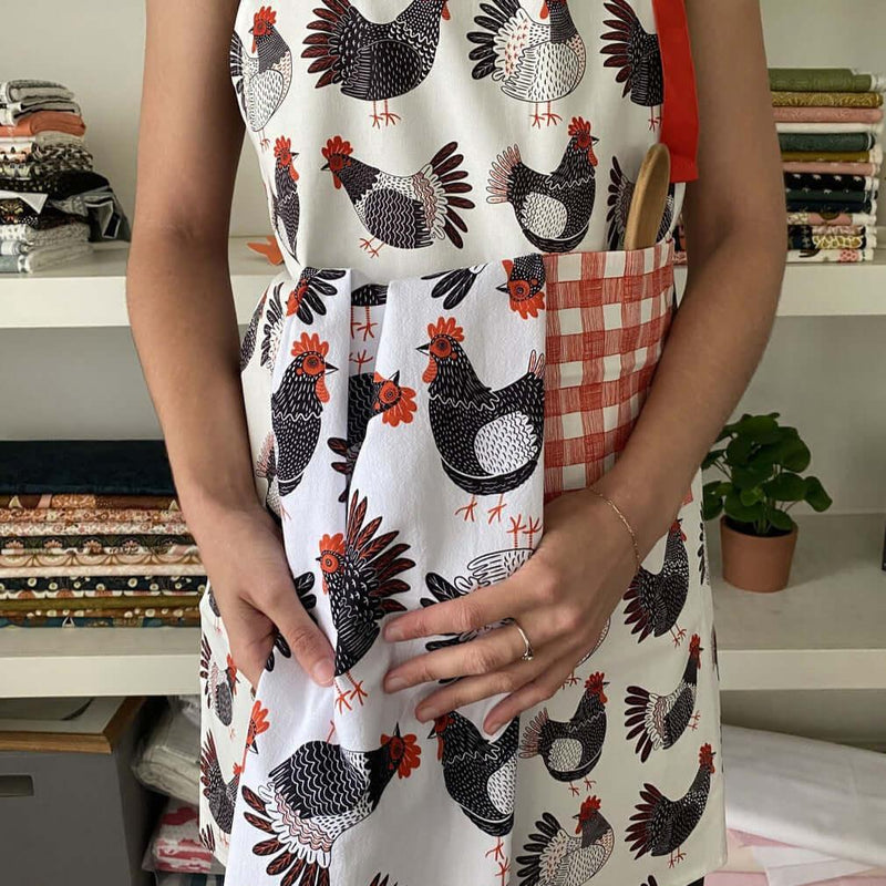 Chicken Apron & Tea Towel—bake in style with gingiber apron featuring chicken illustrations and matching tea towel, adjustable neck strap, large pocket, 100% cotton canvas