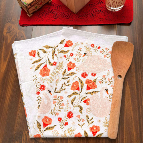Prepaid Tea Towel Club: subscribe for 3, 6, or 12 months - image is a pink floral tea towel with swans