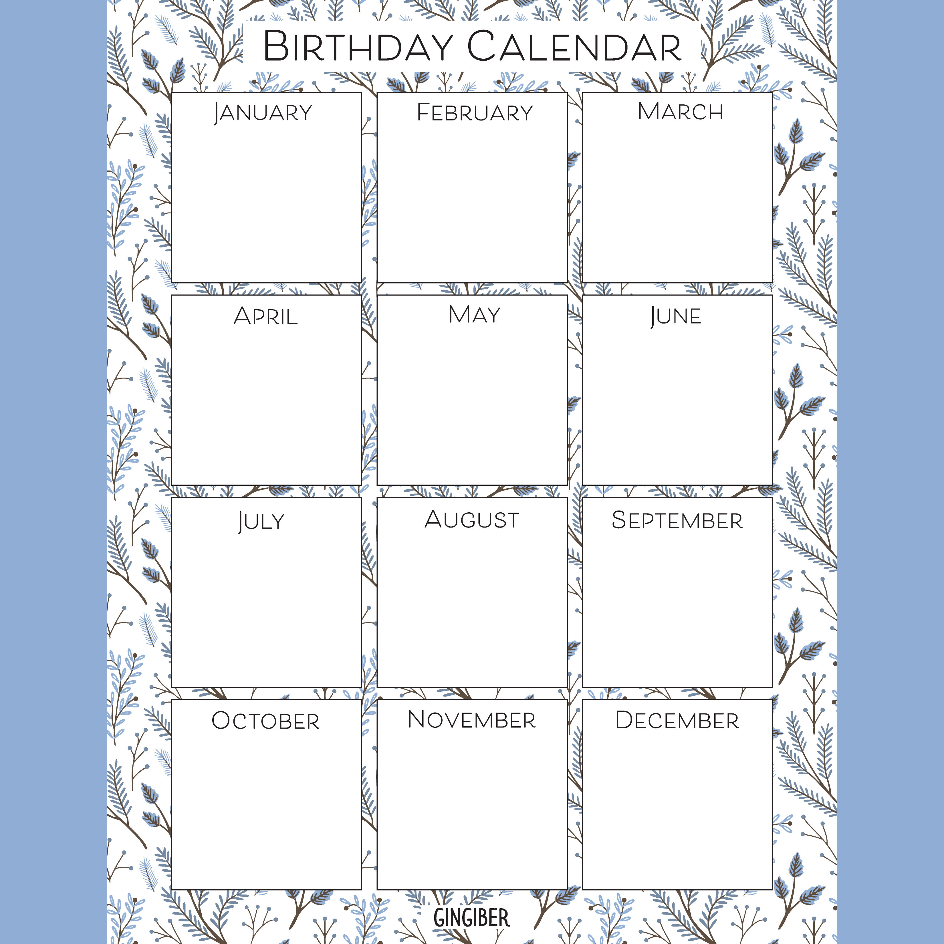 Birthday calendar with floral border on a blue background