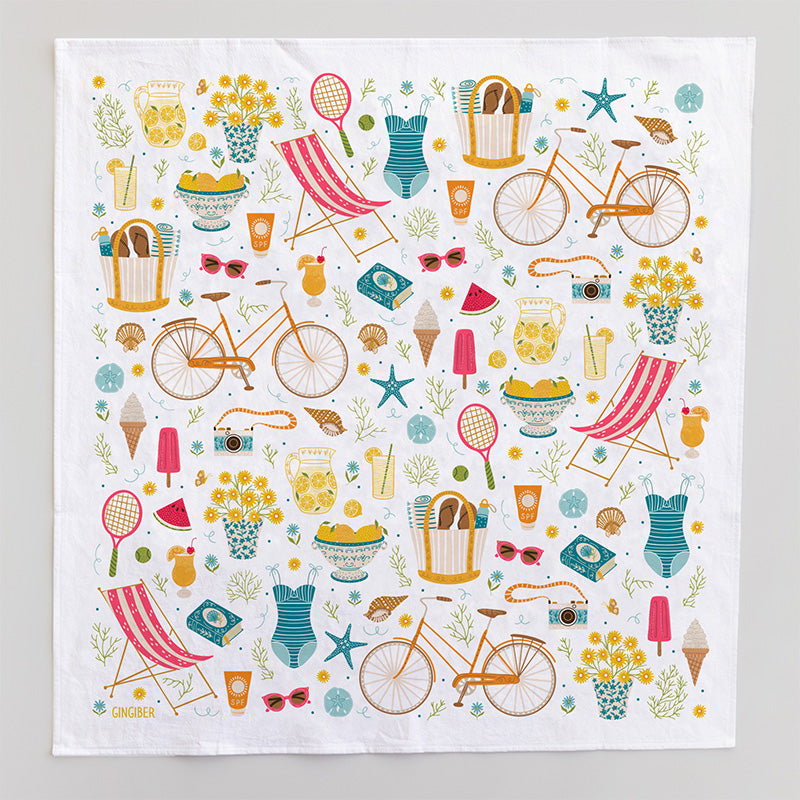 Colorful pattern with bicycles, deck chairs, and summer items on a white background