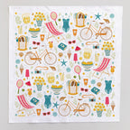 Colorful pattern with bicycles, deck chairs, and summer items on a white background