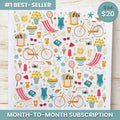 Patterned paper with summer-themed illustrations on a white background, featuring bicycles, swimsuits, and other beach items.