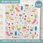 Patterned paper with summer-themed illustrations on a white background, featuring bicycles, swimsuits, and other beach items.