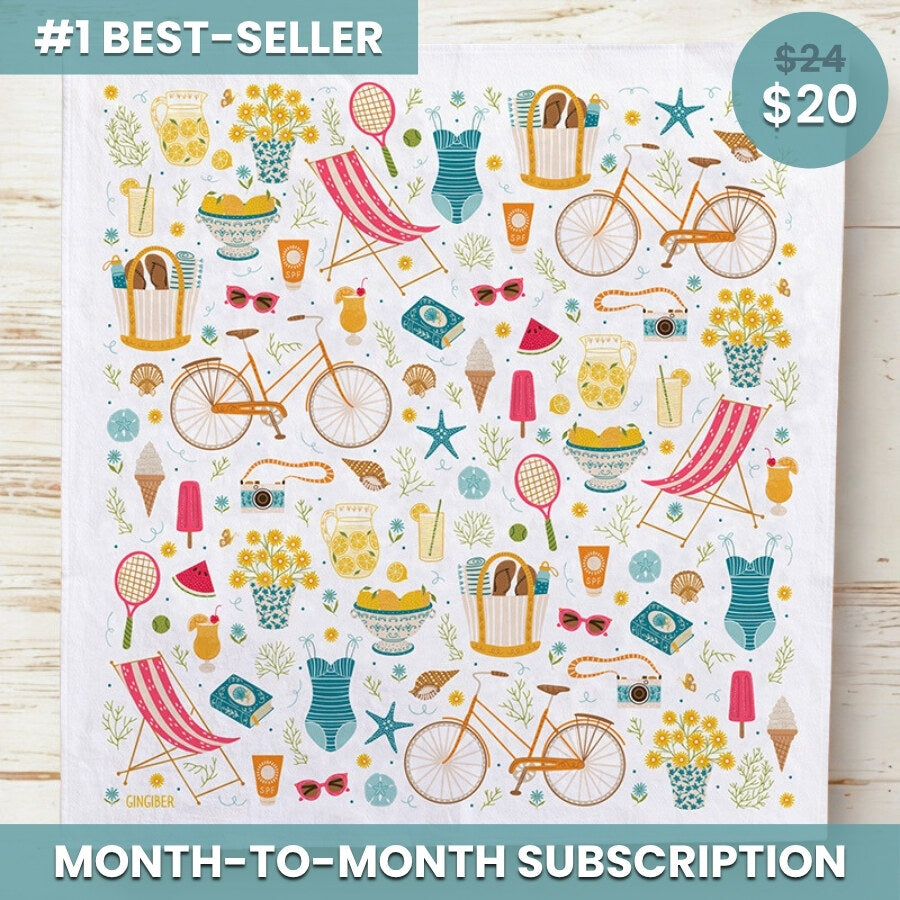 Patterned paper with summer-themed illustrations on a white background, featuring bicycles, swimsuits, and other beach items.