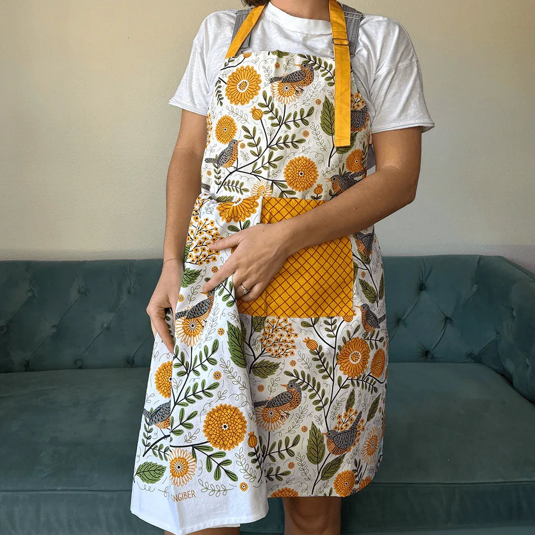 Mums & Robin Apron—bake in style with gingiber apron featuring floral and bird print and matching tea towel, adjustable neck strap, large pocket, 100% cotton canvas