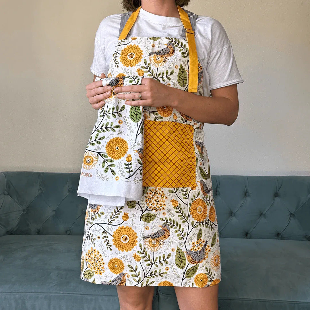 Mums & Robin Apron—bake in style with gingiber apron featuring floral and bird print and matching tea towel, adjustable neck strap, large pocket, 100% cotton canvas