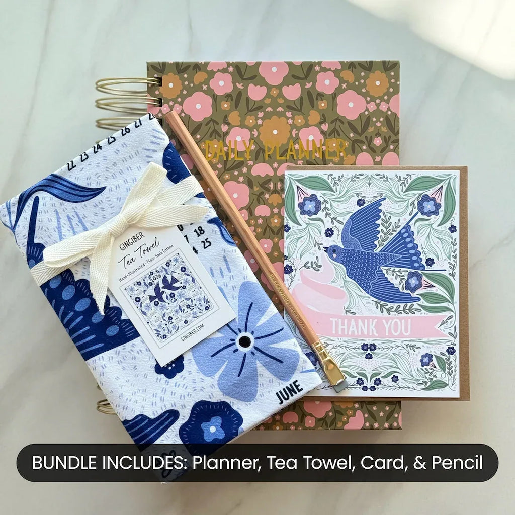 gift bundle - floral planner, bluebird tea towel calendar, 5x7 bluebird art print