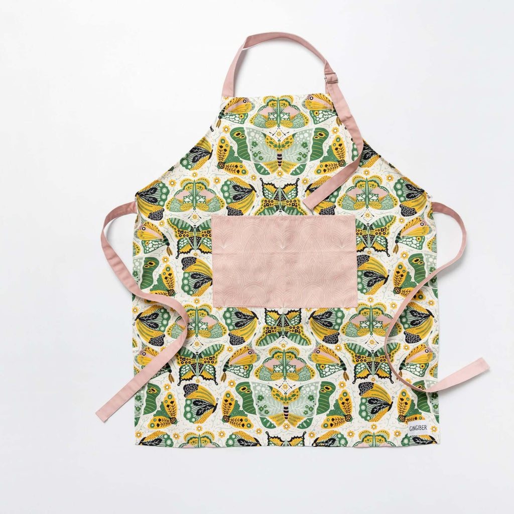 Night Butterfly Apron—bake in style with gingiber apron featuring green and yellow butterflies and matching tea towel, adjustable neck strap, large pocket, 100% cotton canvas