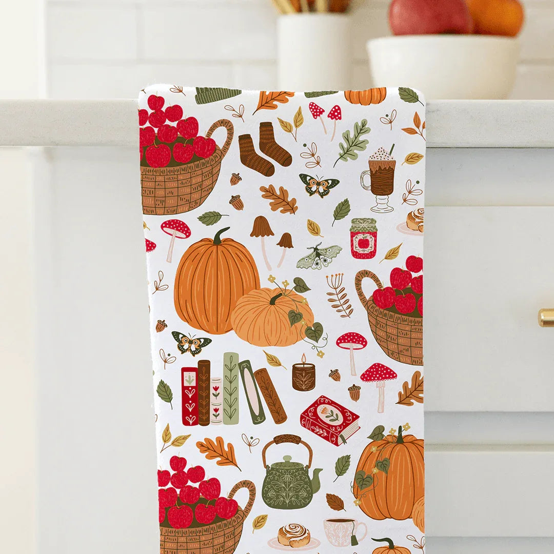 Fall Favorites Tea Towel - decorated with fall decor