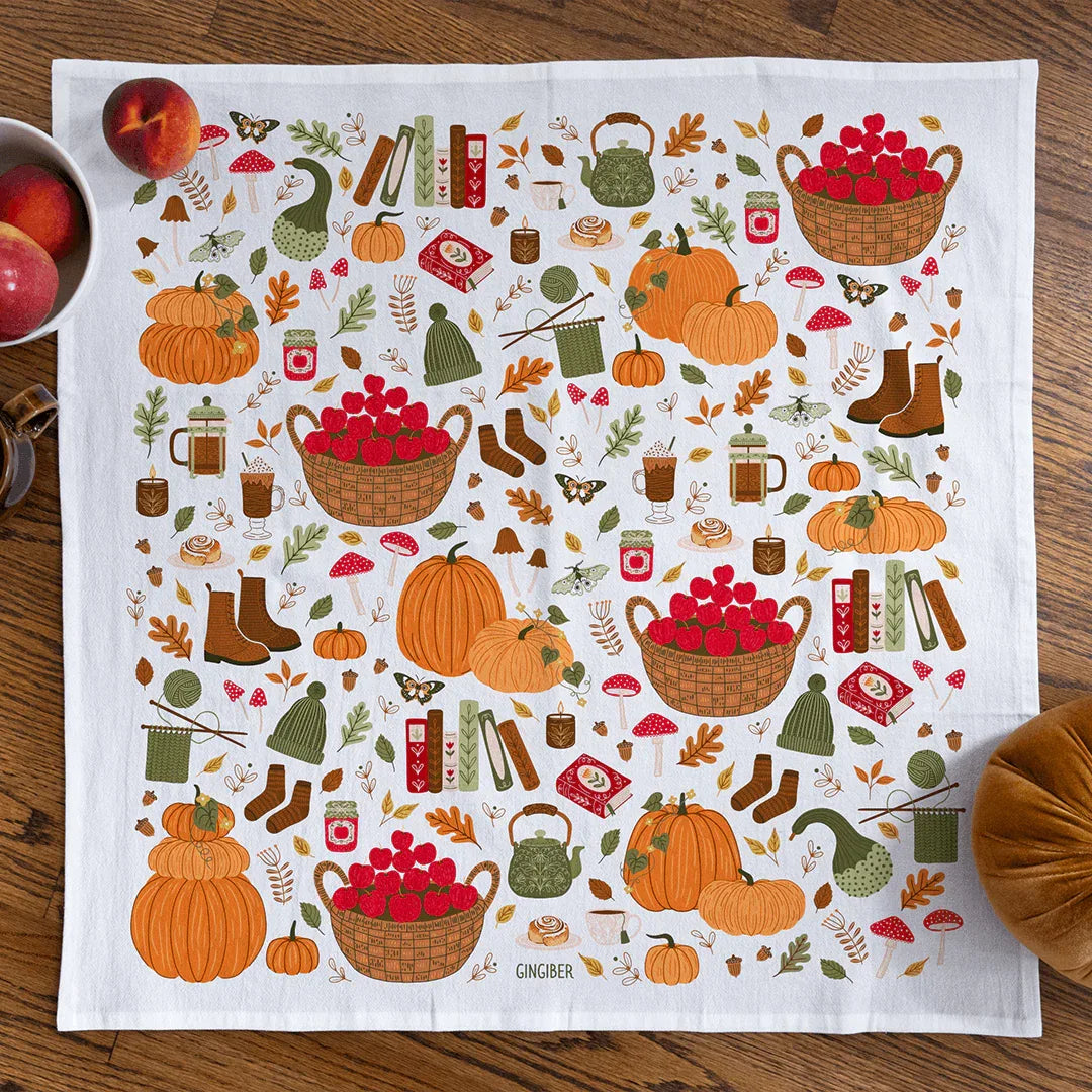Fall Favorites Tea Towel - decorated with fall decor