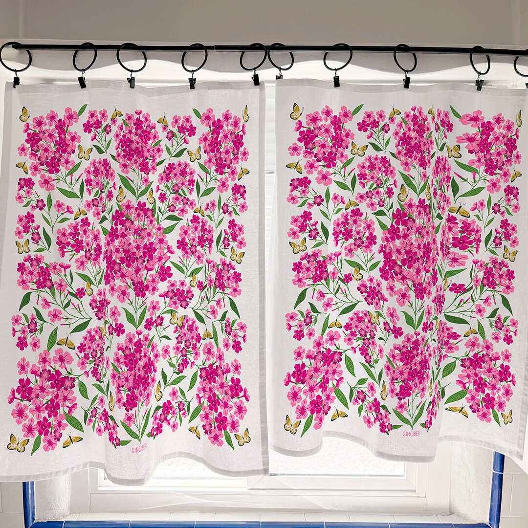 Floral cafe curtain with pink flowers and green leaves on a white background