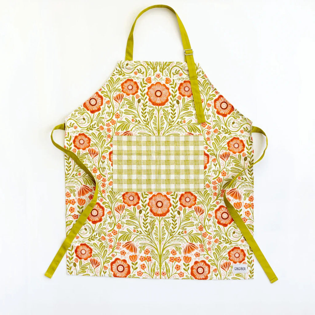 Poppy Apron—bake in style with gingiber apron featuring floral poppy print, adjustable neck strap, large pocket, 100% cotton canvas