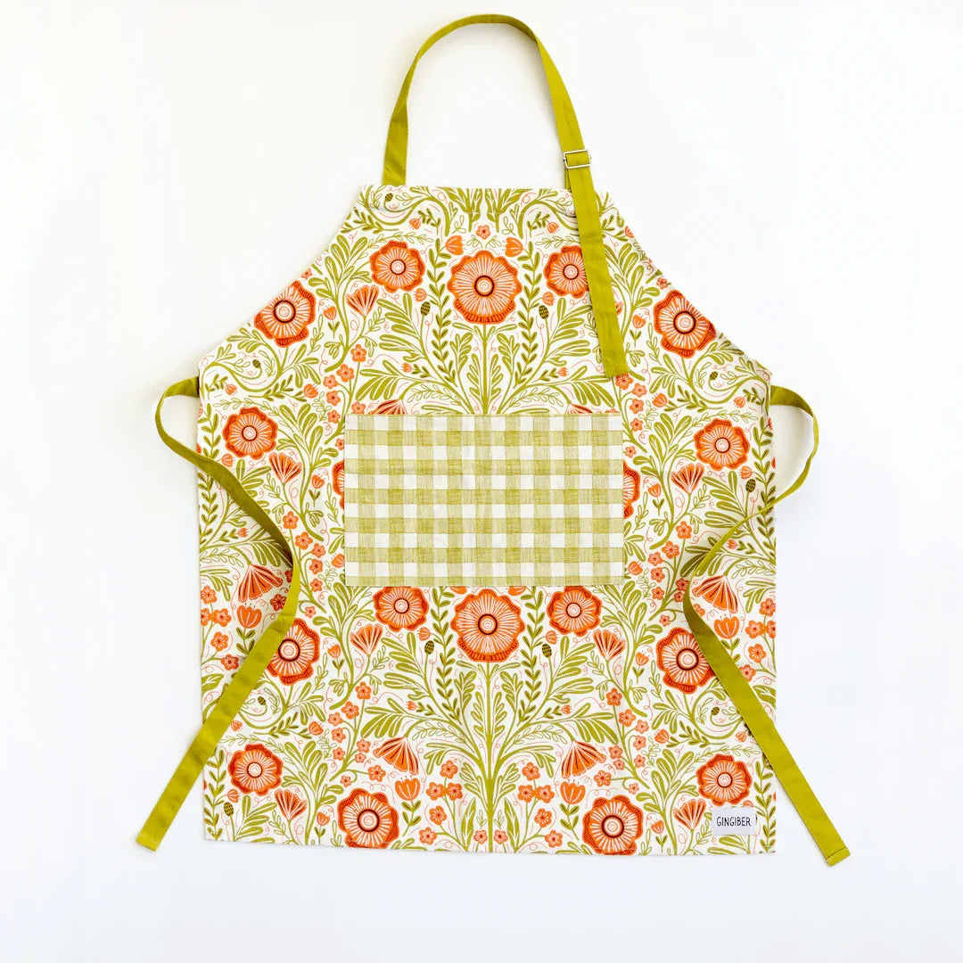 Poppy Apron—bake in style with gingiber apron featuring floral poppy print, adjustable neck strap, large pocket, 100% cotton canvas