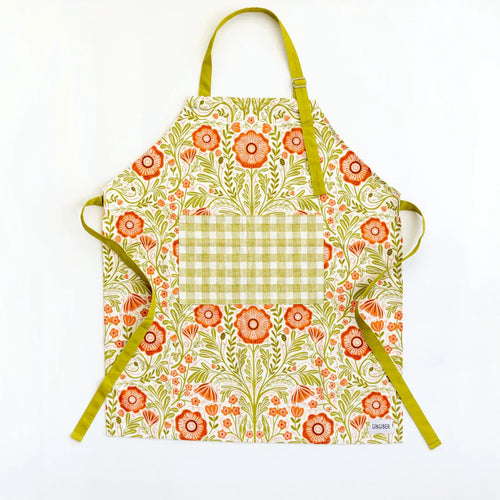 Poppy Apron—bake in style with gingiber apron featuring floral poppy print, adjustable neck strap, large pocket, 100% cotton canvas