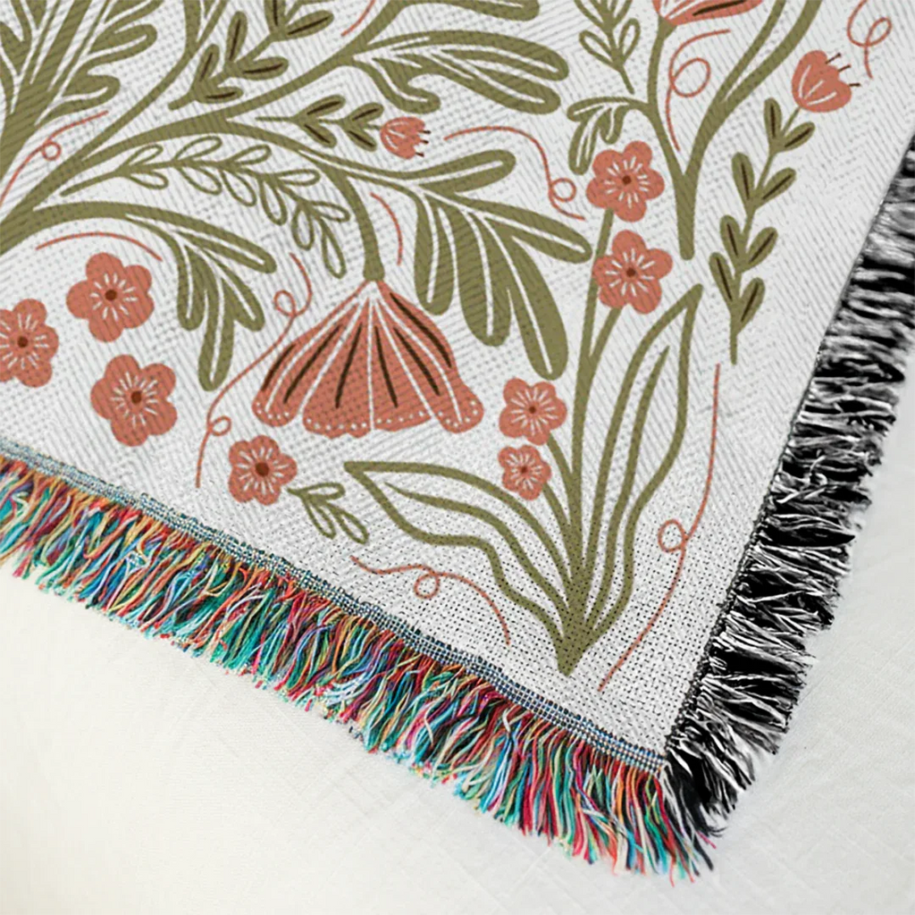Poppy Blanket—Details 72x54, 100% cotton, woven in North Carolina, handmade in USA, gingiber order ships separately, handwash or gentle machine wash, cool dry