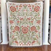 Poppy Blanket - 72x54 cotton throw woven in North Carolina, featured botanical floral design with pink and green hues