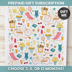 Prepaid gift subscription with summer-themed items on a white background