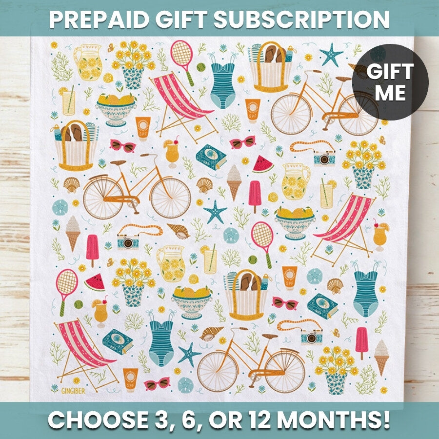 Prepaid gift subscription with summer-themed items on a white background