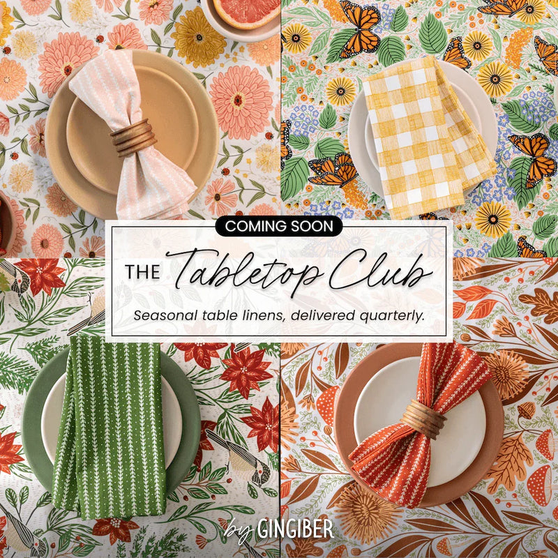 The Tabletop Club seasonal table linen sets: napkins, runners, and coordinating patterns for year-round tabletop refresh