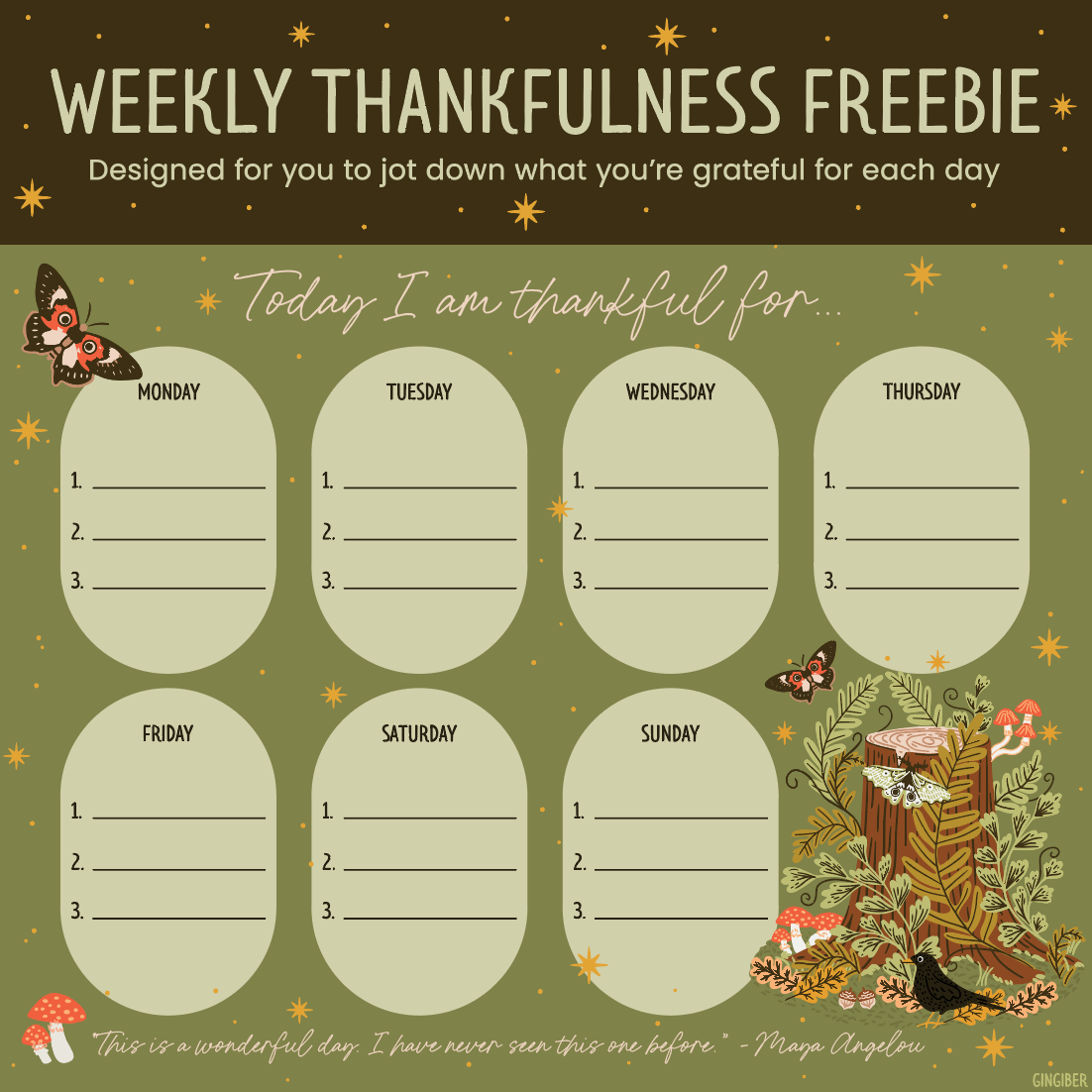 Weekly thankfulness freebie planner with nature-themed design on a green background