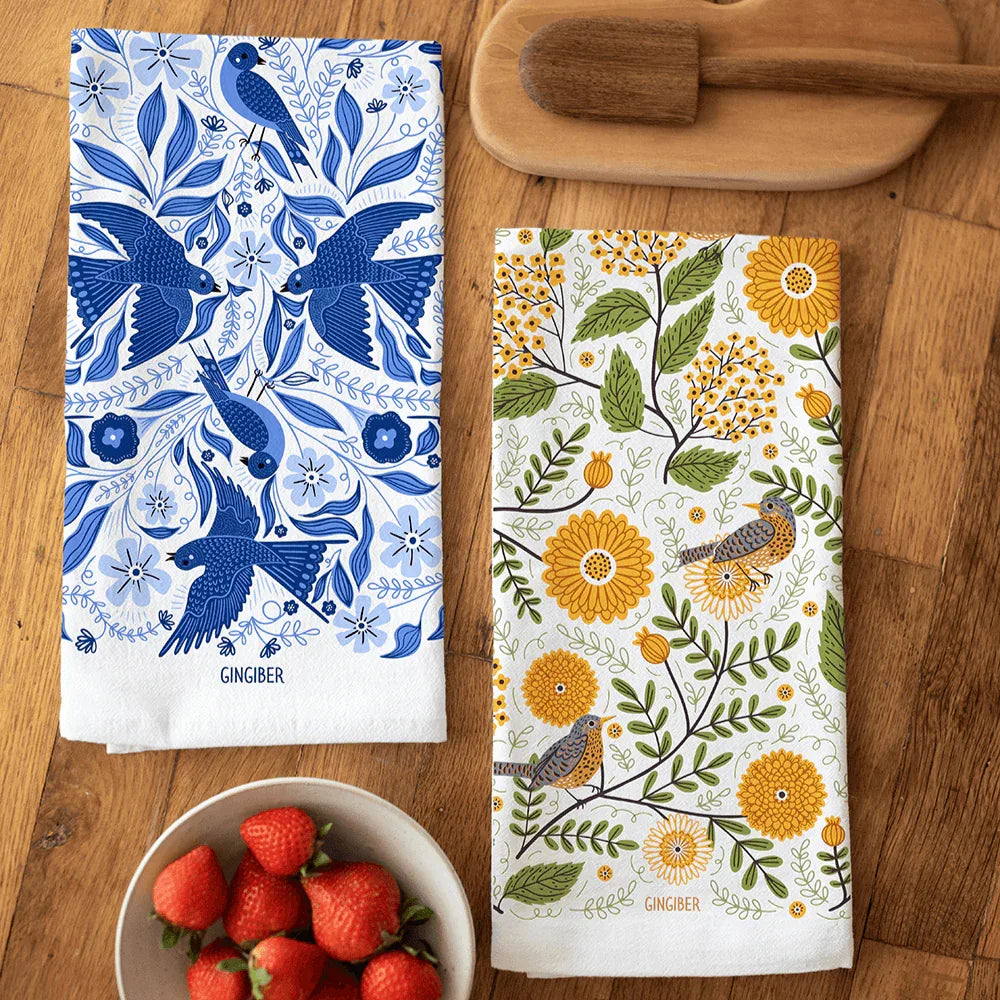 tea towels with bird and floral elements