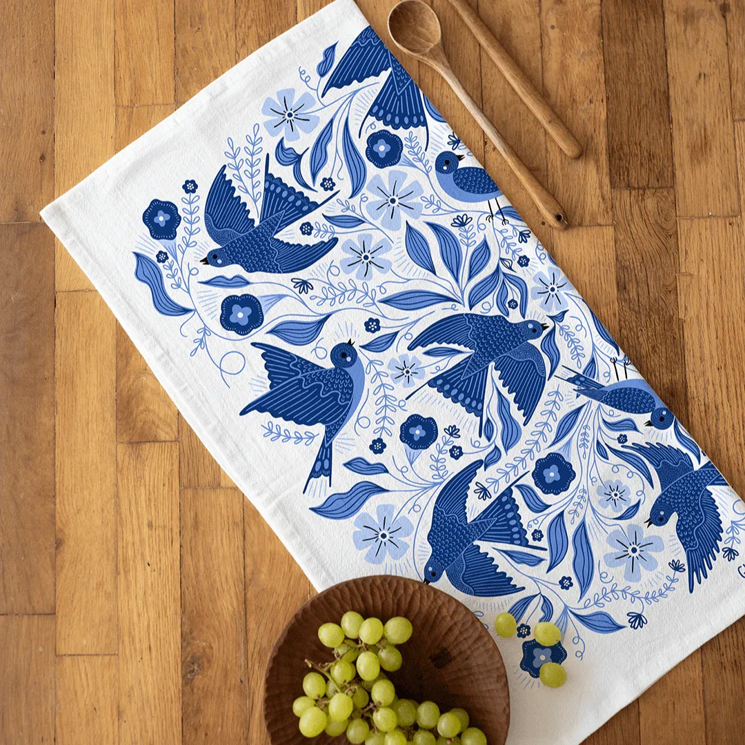 tea towels with bird and floral elements