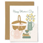 Greeting card with tea set, basket, and flowers for Mother's Day