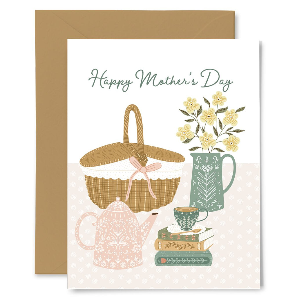 Greeting card with tea set, basket, and flowers for Mother's Day