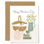 Greeting card with tea set, basket, and flowers for Mother's Day