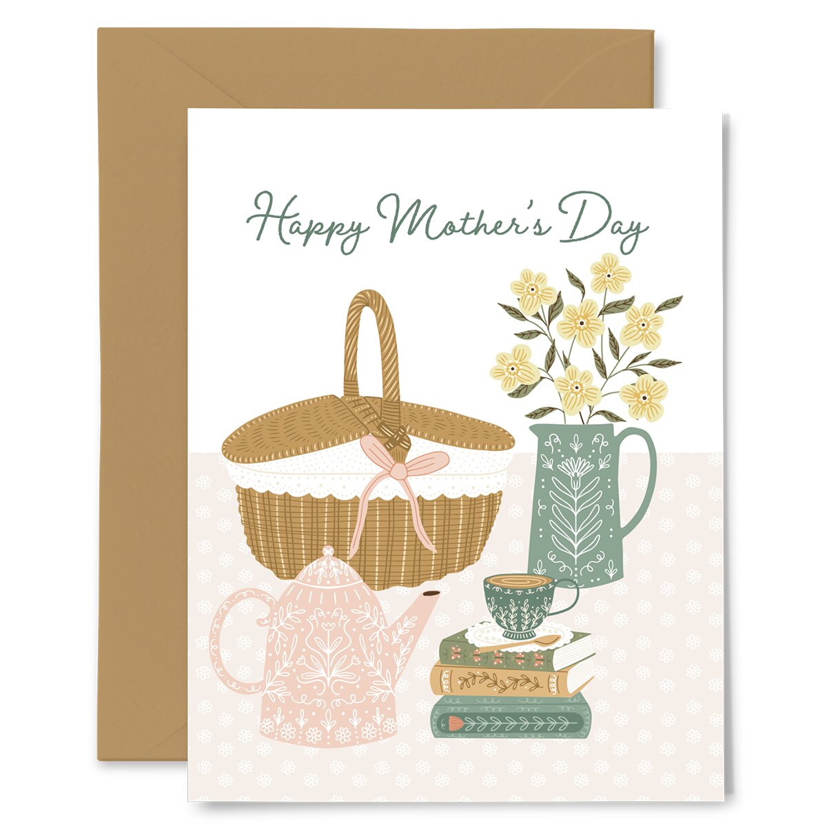 Greeting card with tea set, basket, and flowers for Mother's Day