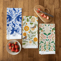 tea towels with bird and floral elements