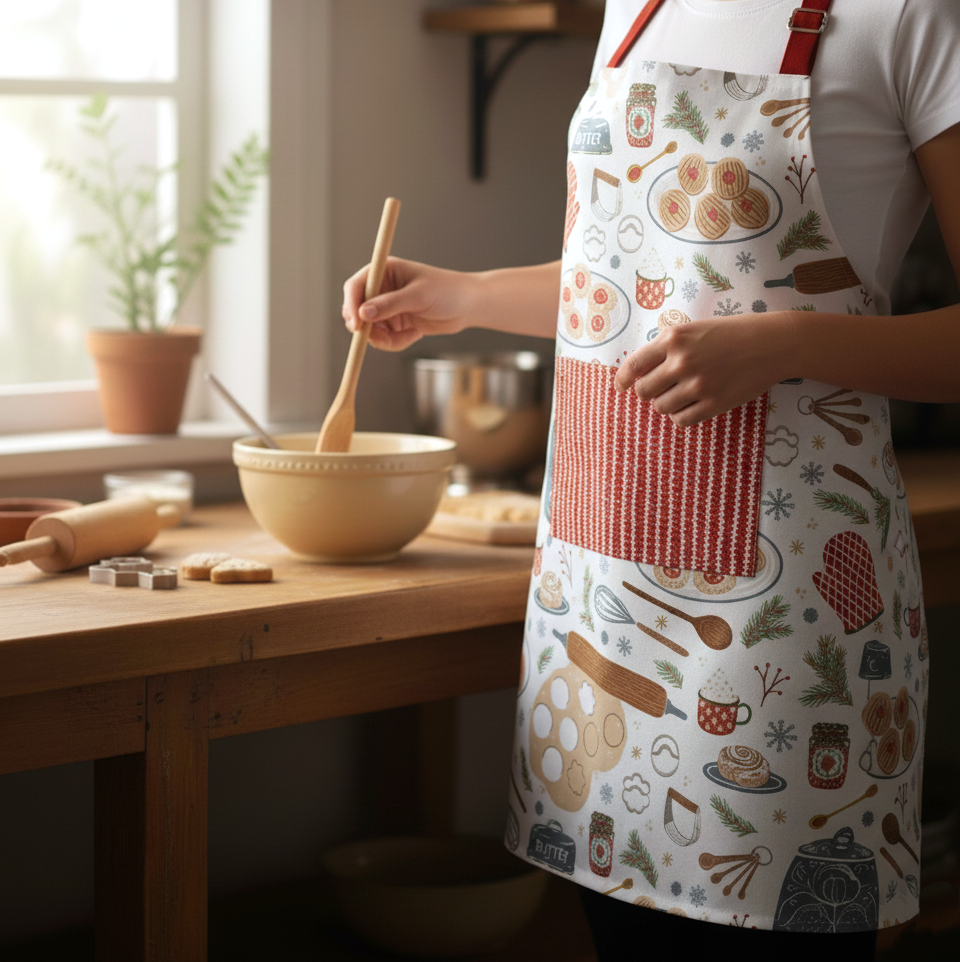 Person in a patterned apron cooking in a kitchen