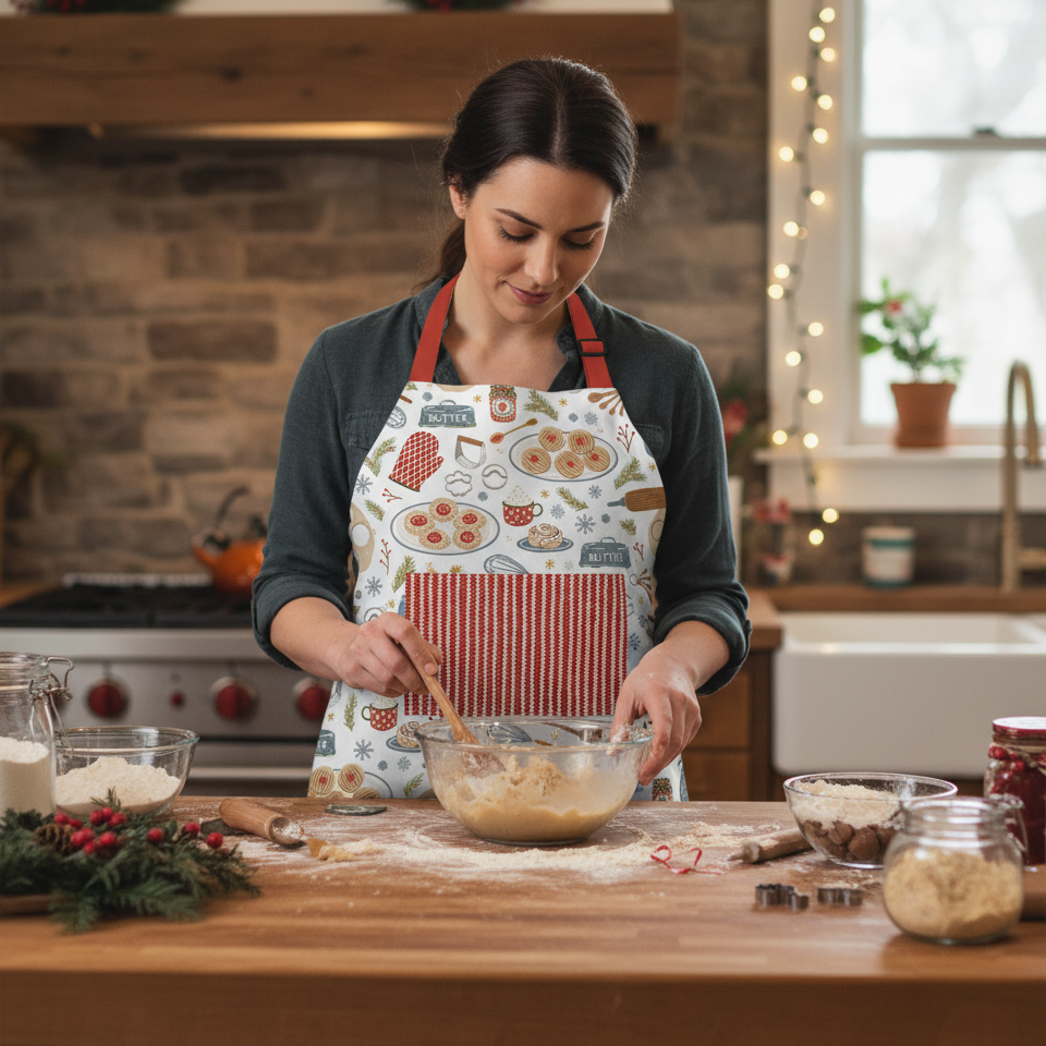Woman in a kitchen wearing a festive apron, mixing ingredients on a wooden counter.