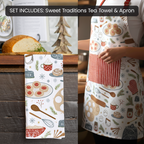 Set including a tea towel and apron with kitchen-themed designs on a wooden surface.