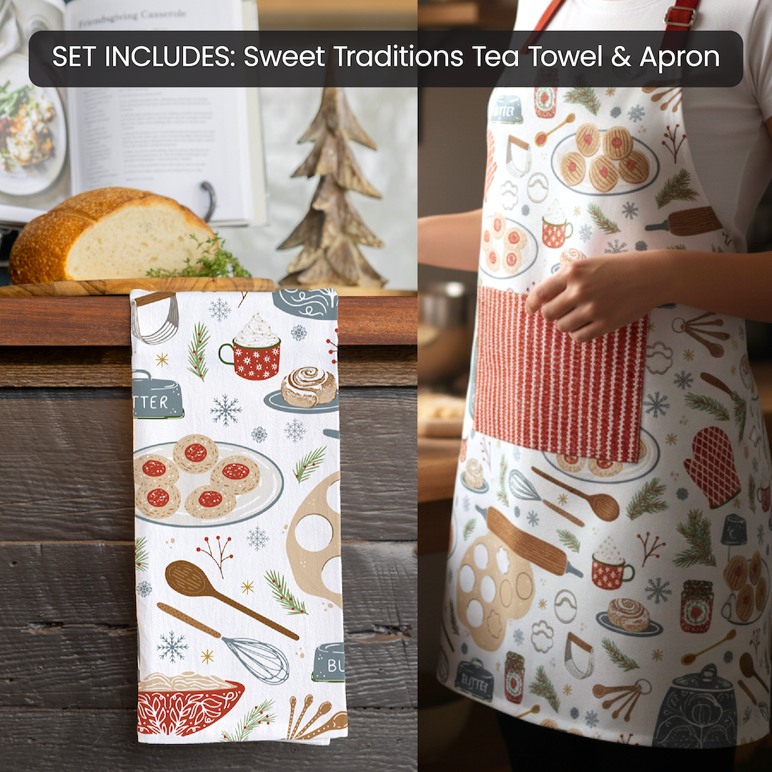 Set including a tea towel and apron with kitchen-themed designs on a wooden surface.