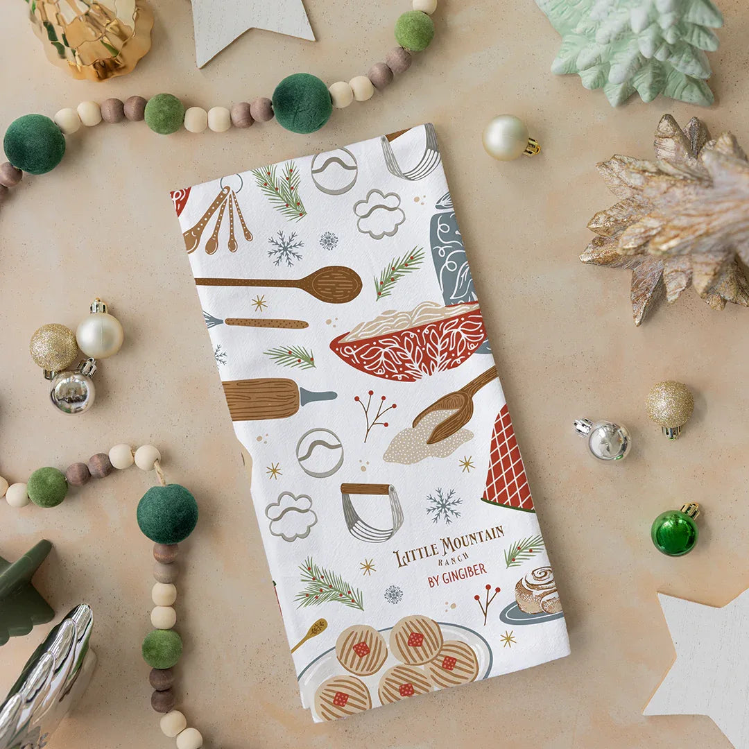Sweet Traditions Tea Towel with holiday baking designs on flour sack cotton