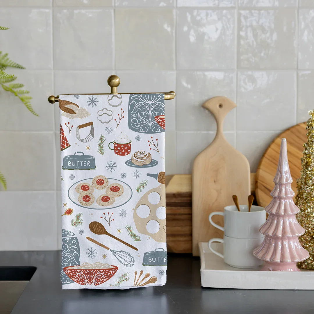 Sweet Traditions Tea Towel with holiday baking designs on flour sack cotton