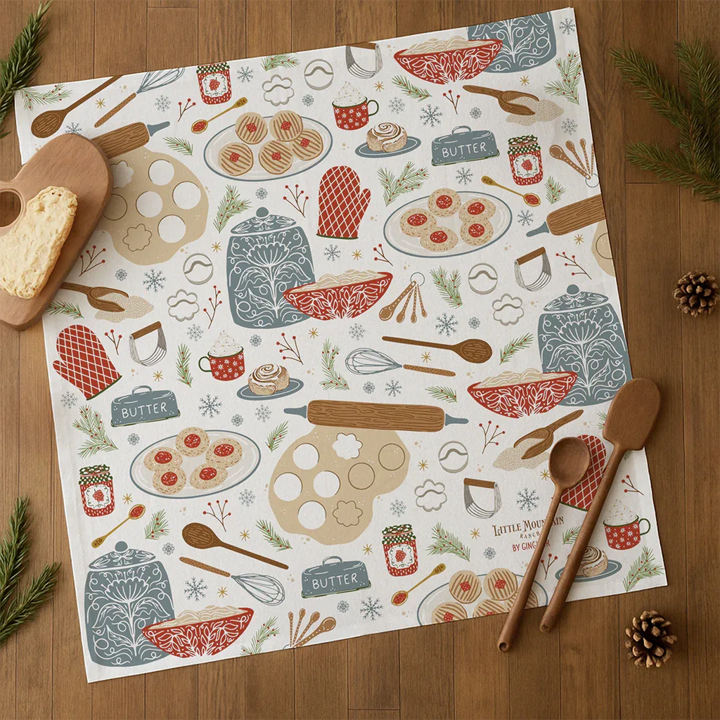 Sweet Traditions Tea Towel with holiday baking designs on flour sack cotton