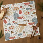 Sweet Traditions Tea Towel with holiday baking designs on flour sack cotton