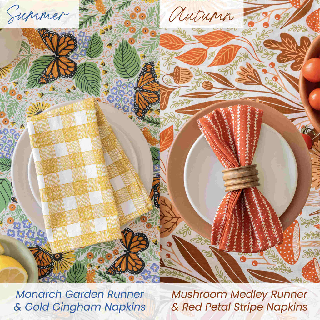 Two table runner designs with napkins on a colorful background.
