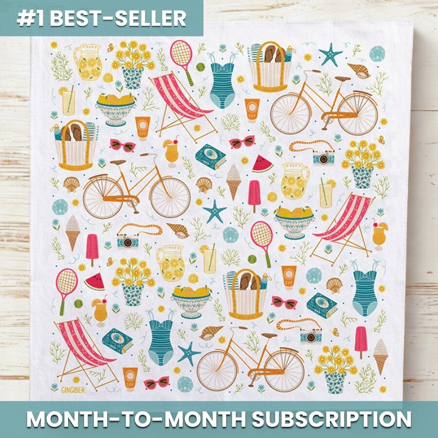 Patterned product with summer-themed illustrations on a white background, labeled as a #1 best-seller with month-to-month subscription offer.