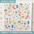 Patterned product with summer-themed illustrations on a white background, labeled as a #1 best-seller with month-to-month subscription offer.