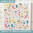 Patterned product with summer-themed illustrations on a white background, labeled as a #1 best-seller with month-to-month subscription offer.